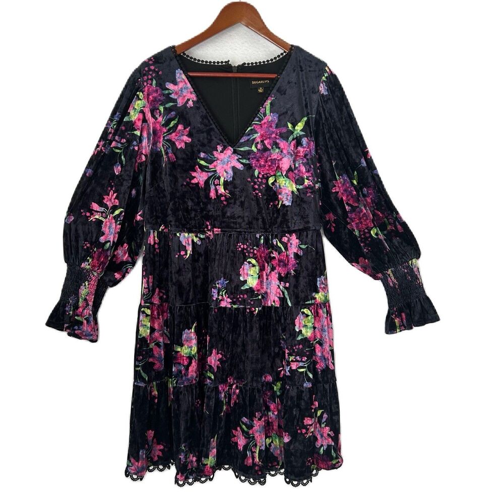 Sugarlips Dress Women 1X Black Velvet Floral Lace Mini Tiered Whimsy Goth NWT